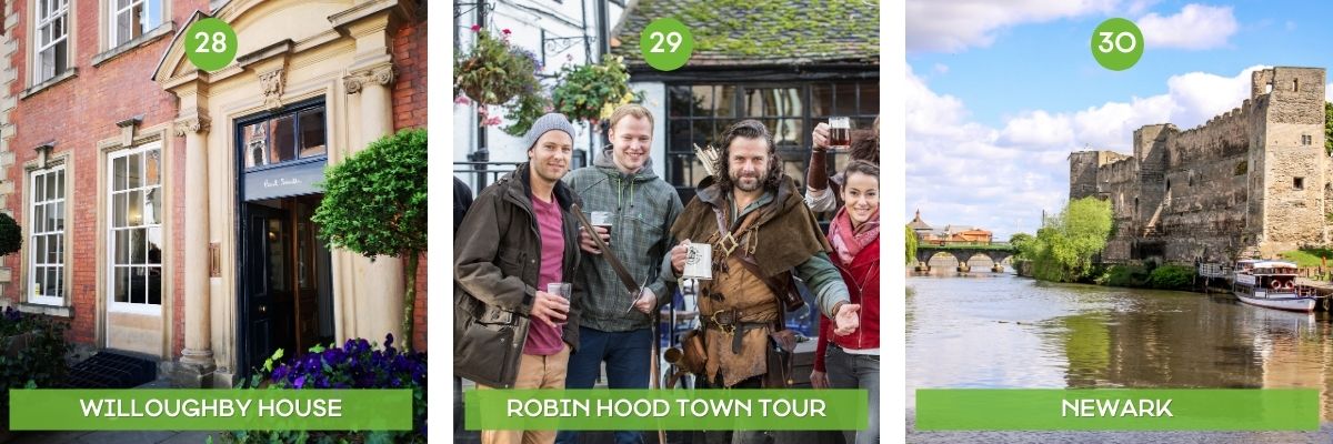 Collage of images of the best things to do in Nottingham featuring Paul Smith, the Robin Hood Town Tour, and Newark Castle