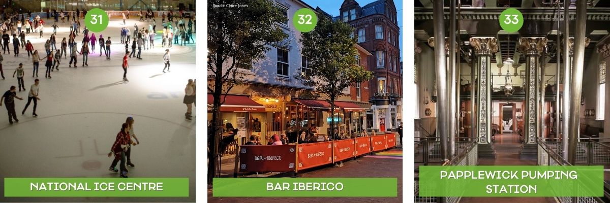 Collage of images of the best things to do in Nottingham including the National Ice Centre, Bar Iberico and Papplewick Pumping Station