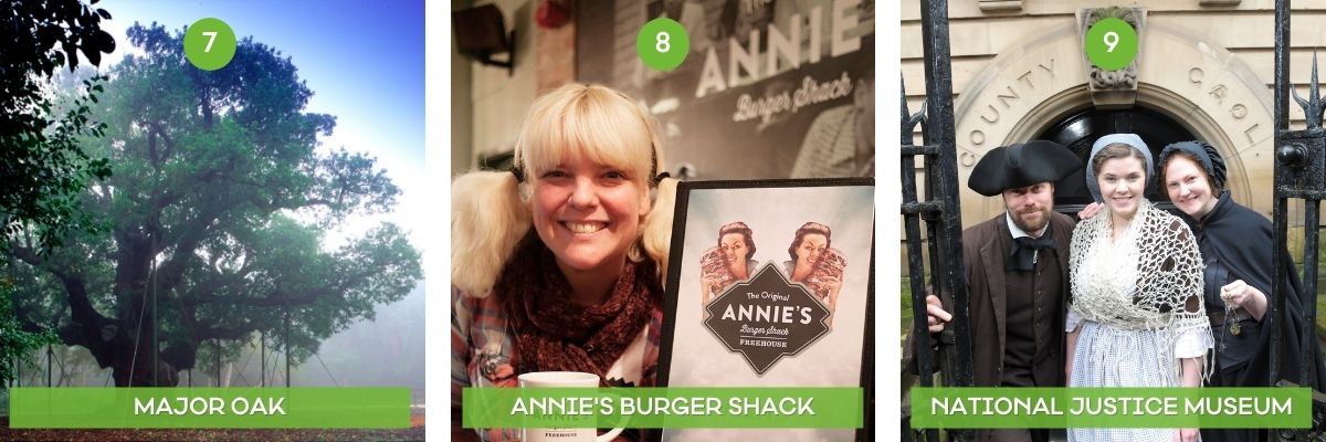 Collage of the best things to do in Nottingham and Nottingamshire featuring the MAjor oak, Annie's Burger Shack and National Justice Museum