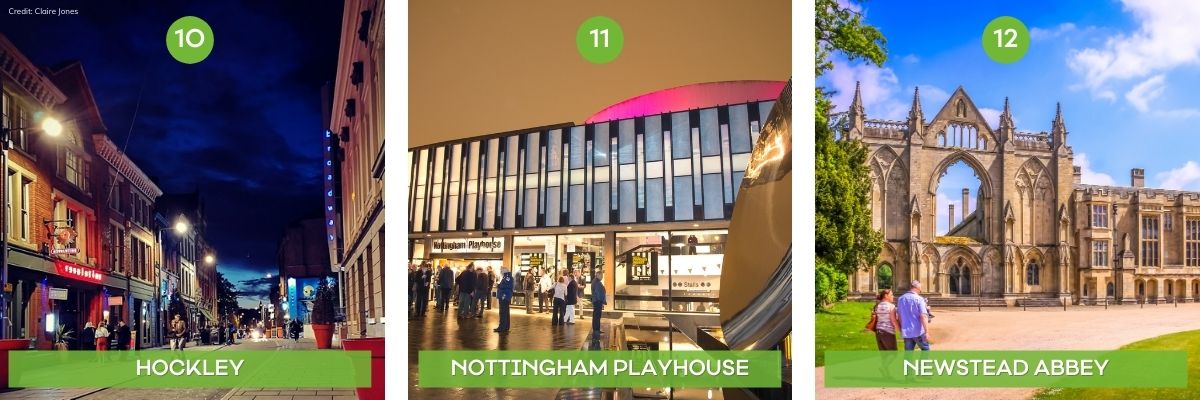 A collage of the best things to do in Nottingham featuring Hockley, Nottingham Playhouse and Newstead Abbey