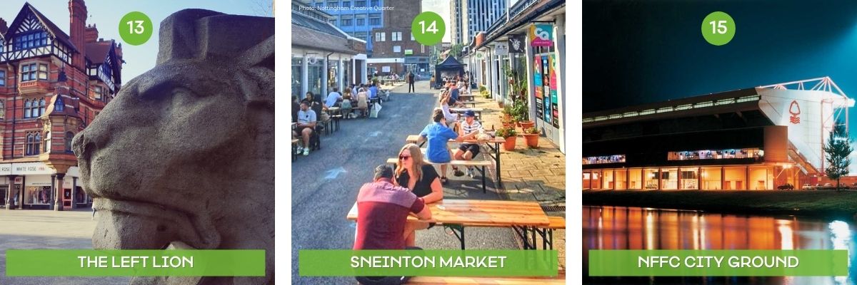 A collage of images of the best things to do in Nottingham featuring the left lion sculpture, Sneinton Market street food club and NFFC City Ground