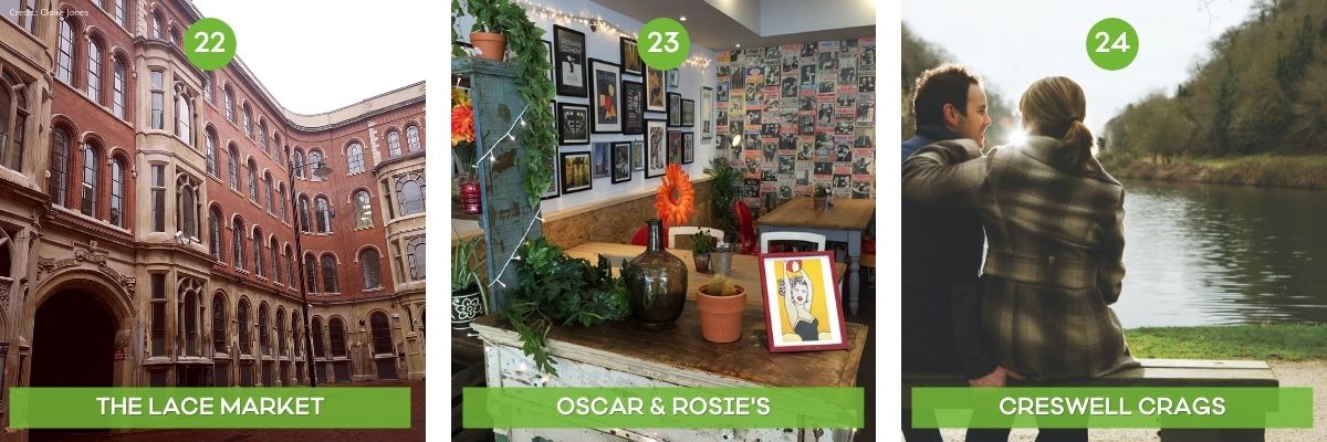 A collage of the best things to do in Nottingham featuring The Lace Market, Oscar & Rosie's and Creswell Crags