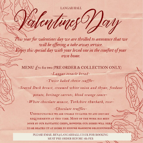 Valentines menu from Langar Hall Restaurant 