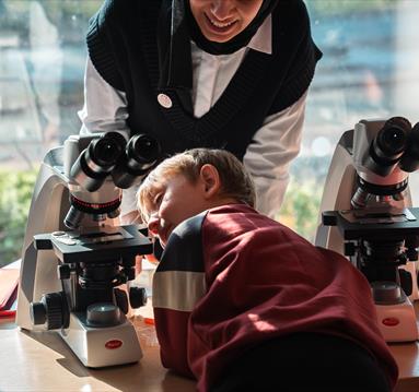 A child looking at a microscope
