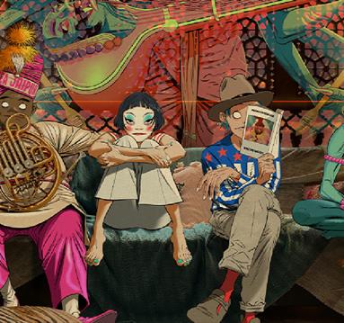 Artwork featuring the four virtual members of the band Gorillaz