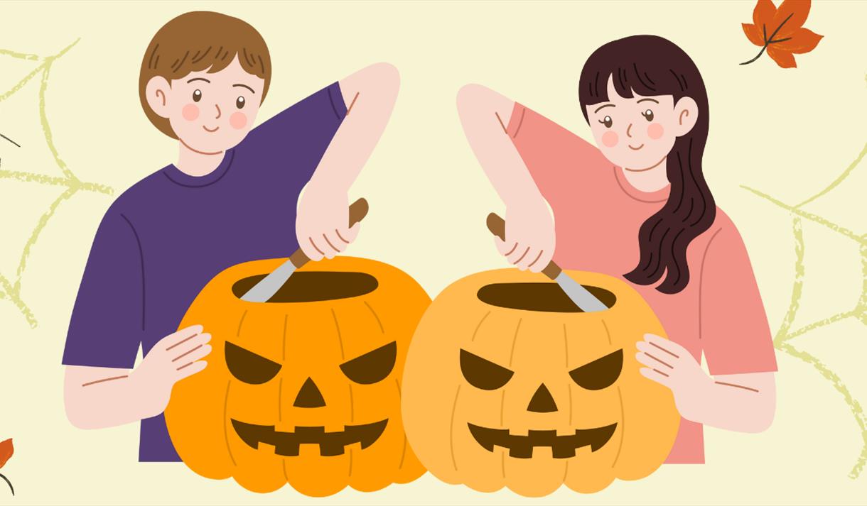 Cartoon graphic of two people carving a pumpkin