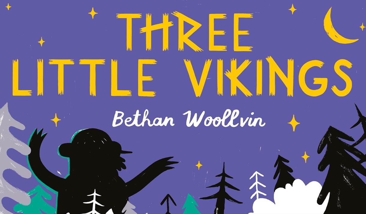 Cartoon graphic of three young vikings in a wood