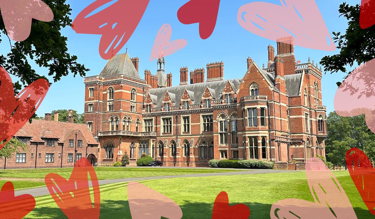 image of Kelham Hall surrounded by edited hearts