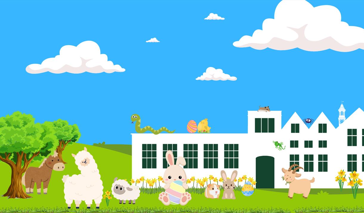 Cartoon style image of Rufford Abbey with llamas, rabbits, goats and horses.