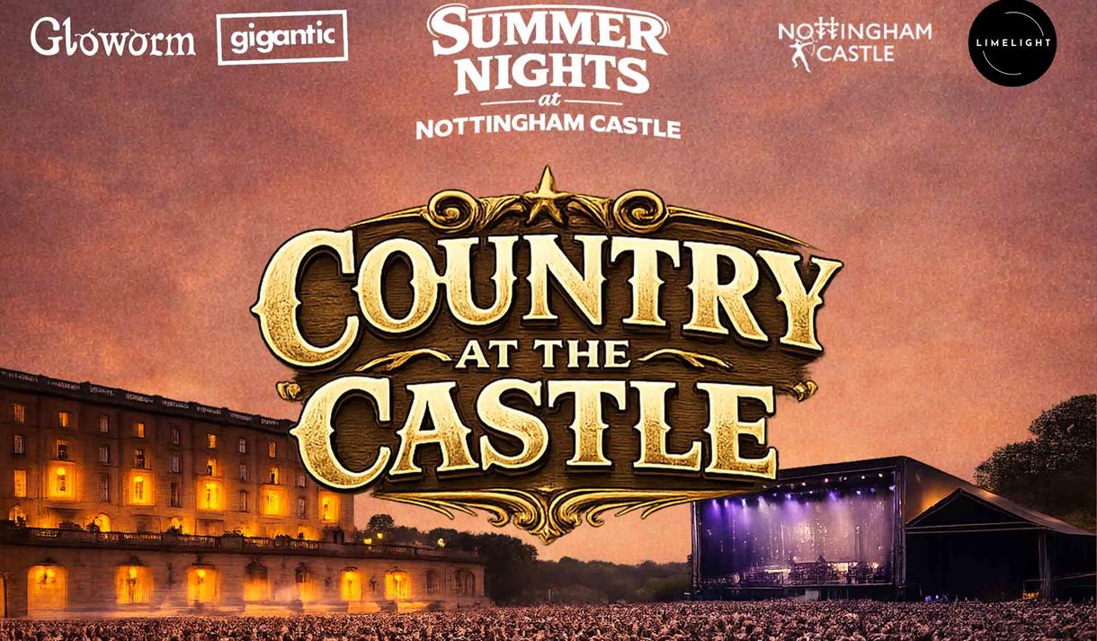 Country at the Castle text with Nottingham Castle in the background next to a stage and audience