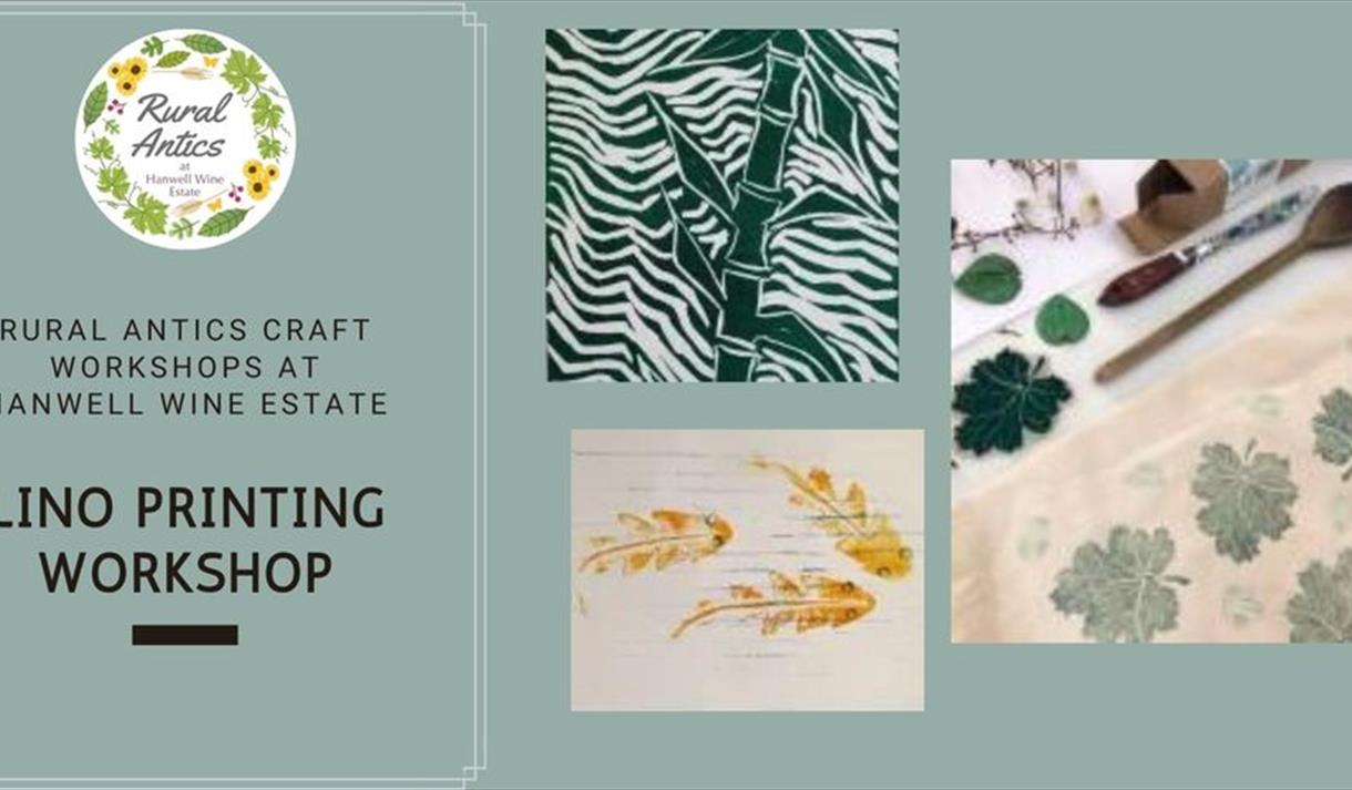 Grpahic for the workshop including the title of the event and photos of lino printing examples.