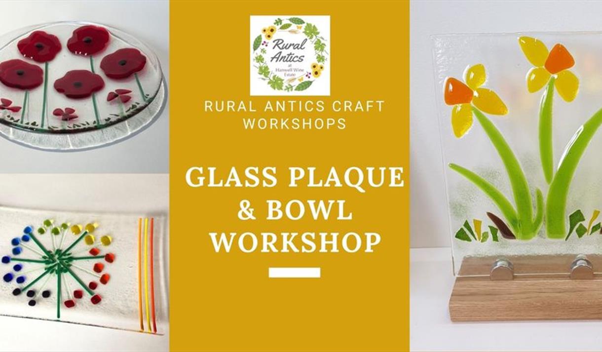 Event graphic including the name of the event and some example glass pieces to either side.