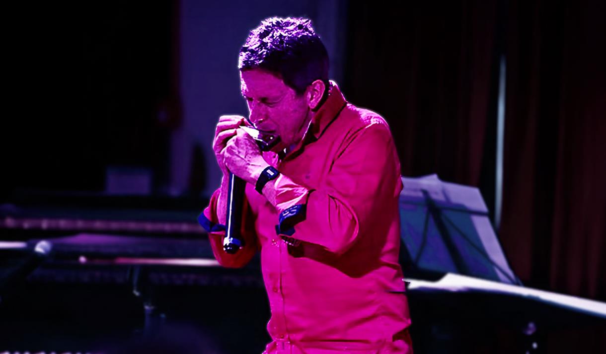 Photo of Adam Glasser playing the harmonica