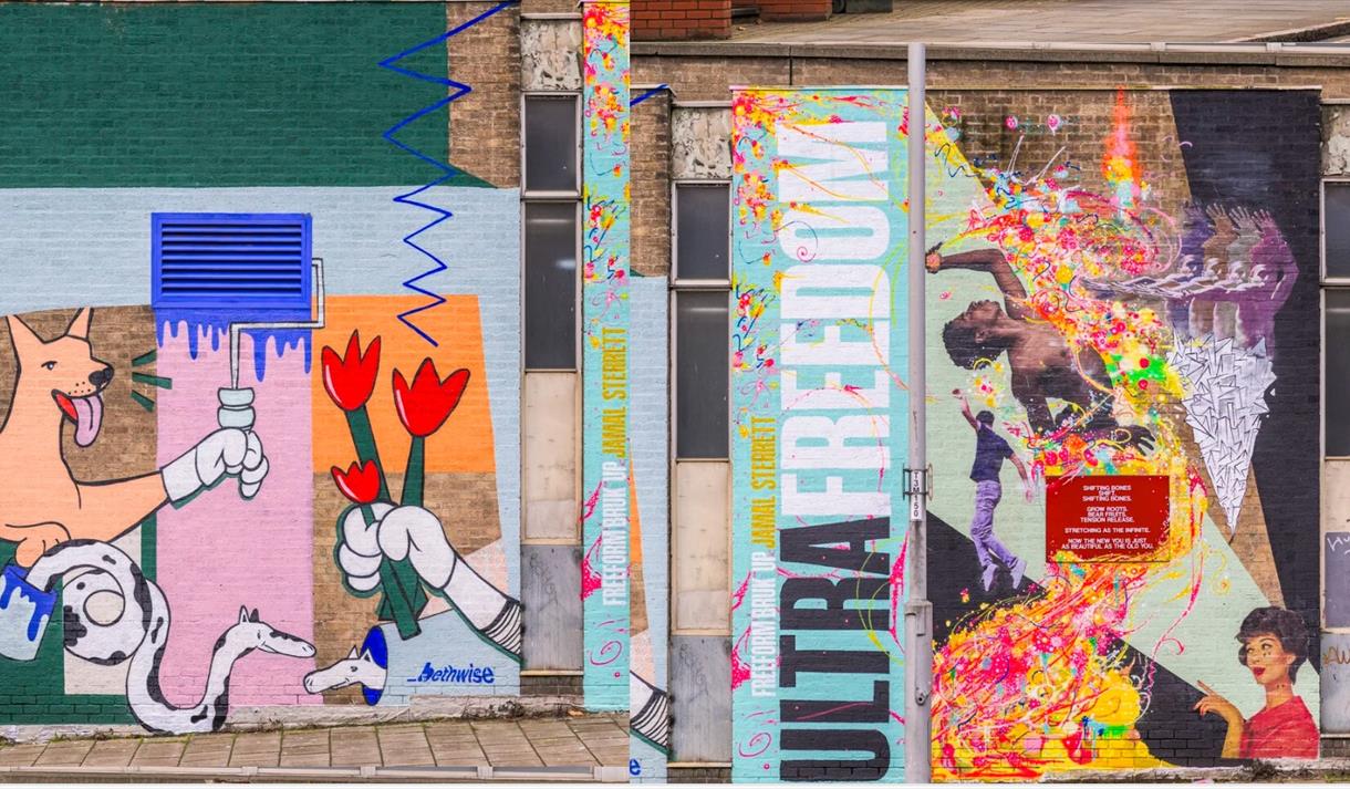 Image of two murals spray painted on to Nottingham buildings