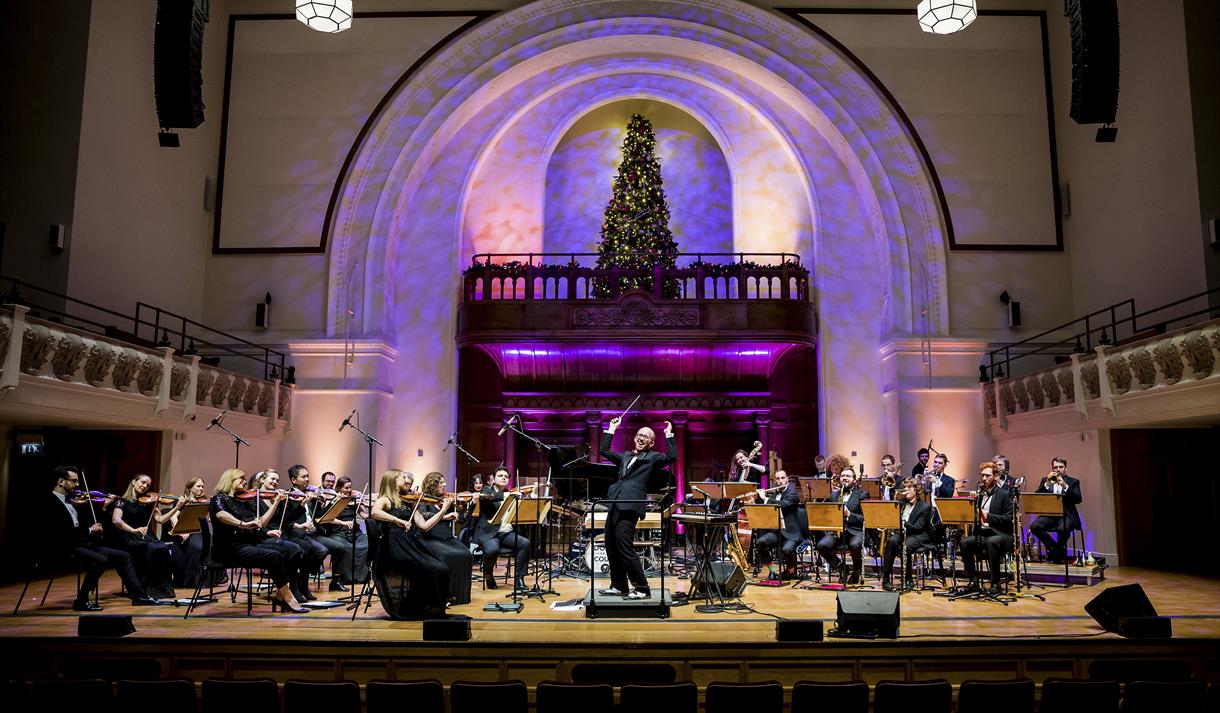 Photo of a swing band on the stage at Albert Hall. A Christmas tree is in the background