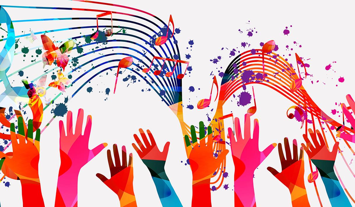 Cartoon graphic showing raised hands and music notes flying through the ait