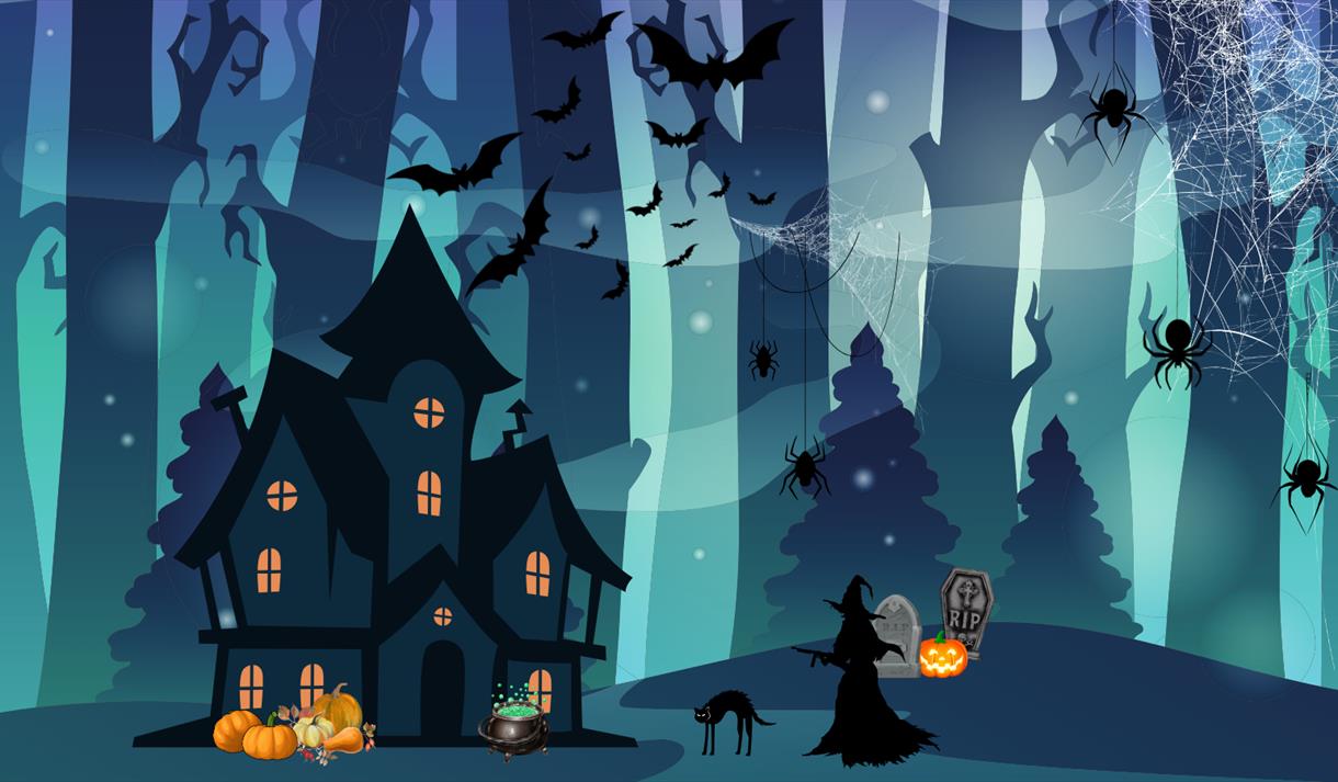 Cartoon graphic of a witch in a spooky forest approaching a haunted house