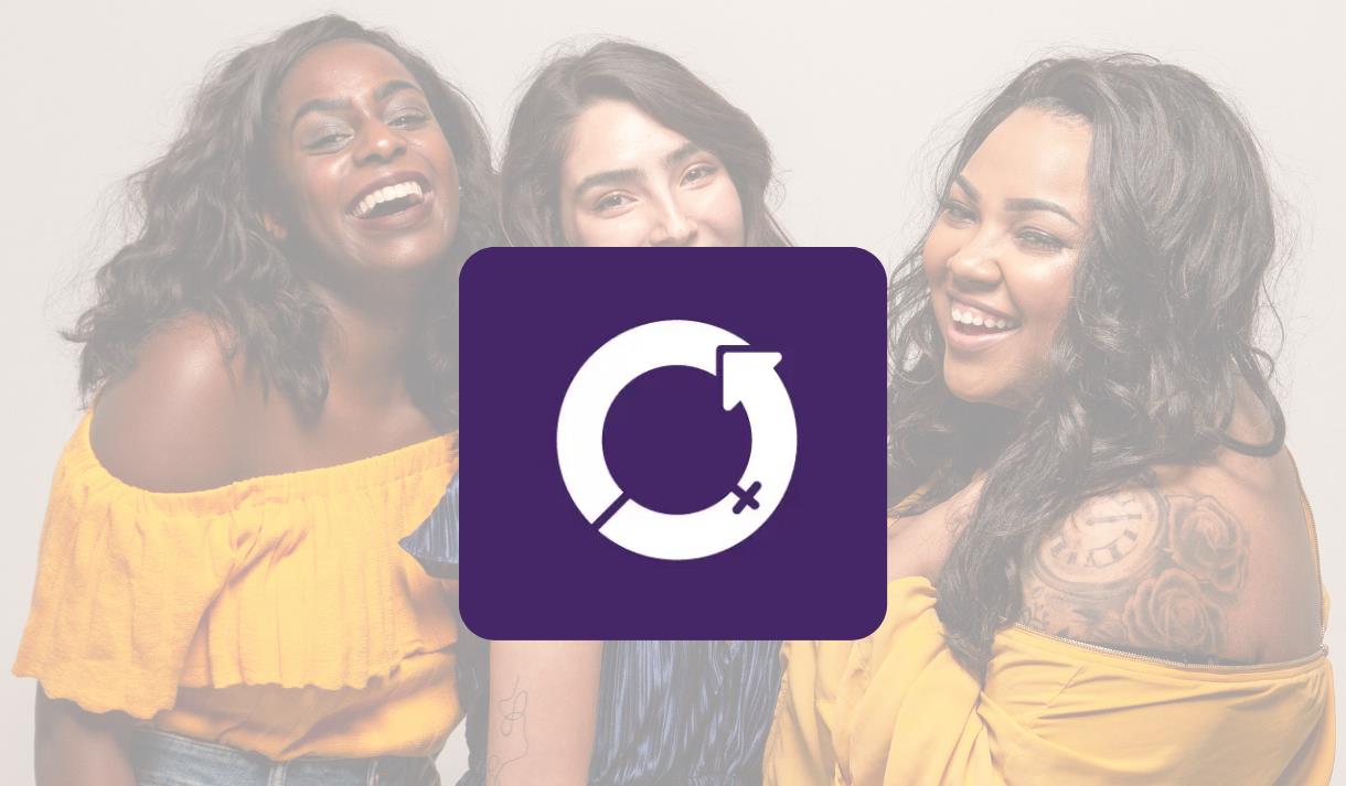 A photo of women smiling and laughing. In the foreground there is a logo.