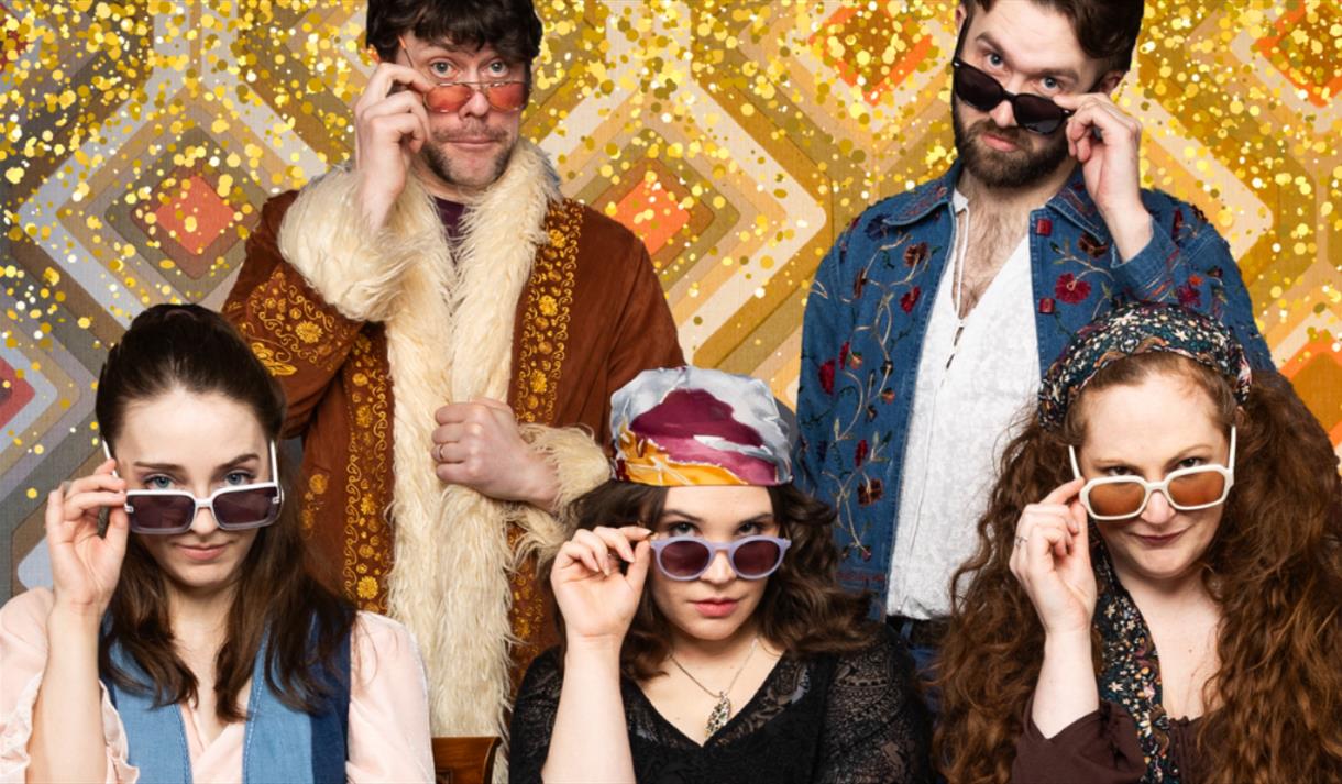 Event poster with five people wearing colourful clothing and sunglasses