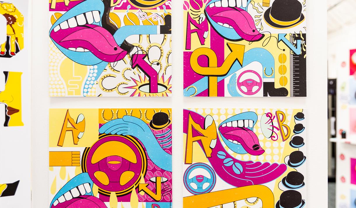 Graphic design work with arrows, mouths and bright colours