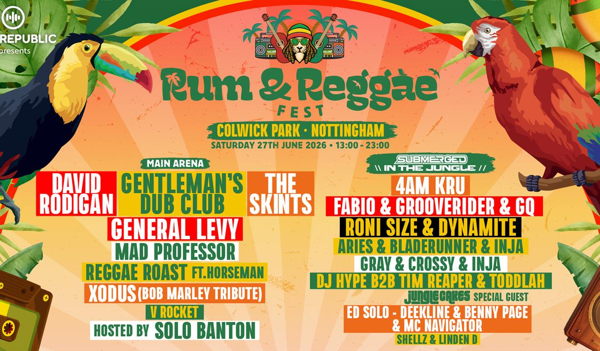 A graphic of the Rum & Reggae Festival listing the line-up