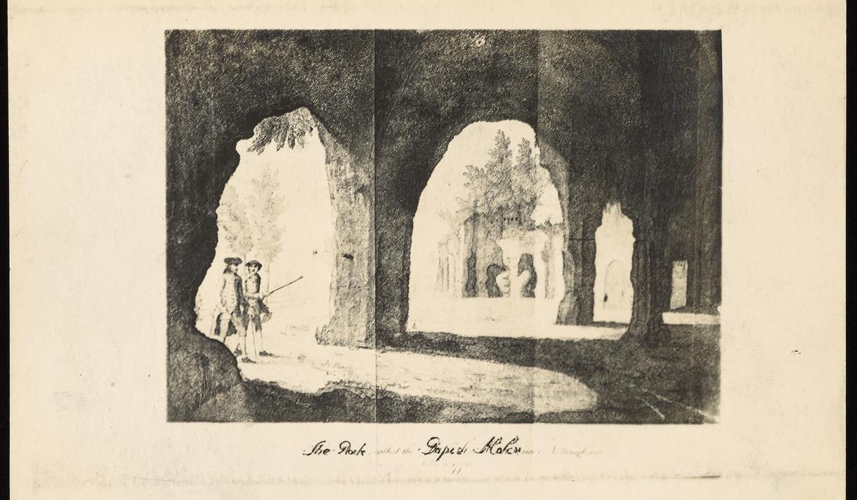 Old black and white illustration of Nottingham's caves