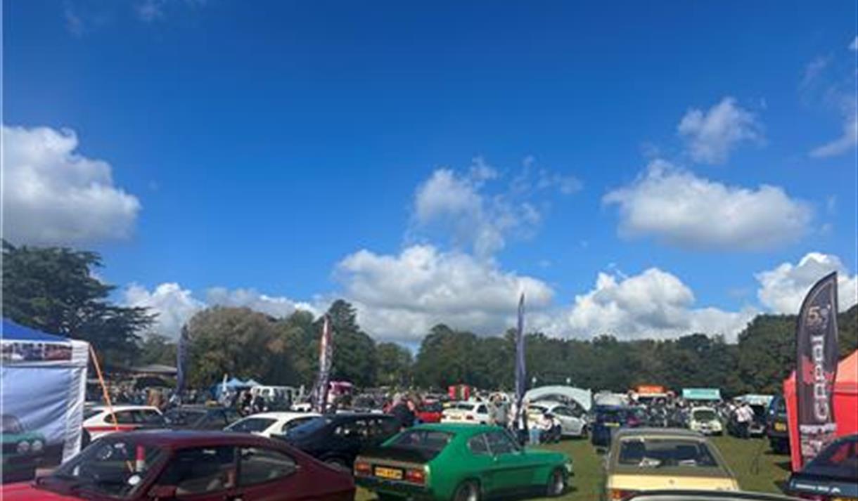 Classic cars assembled on sunny bank holiday afternoon at Thoresby