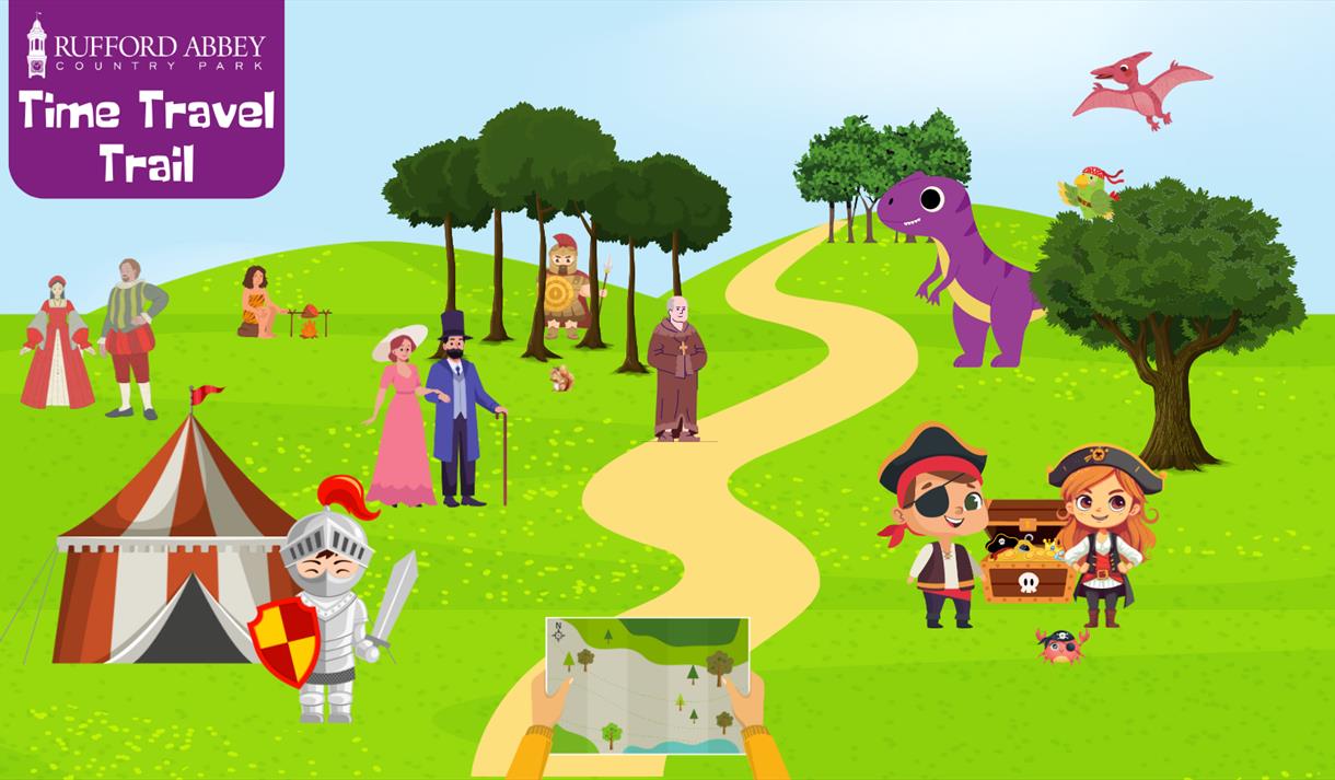 Cartoon style image showing various historical characters within Rufford Park.