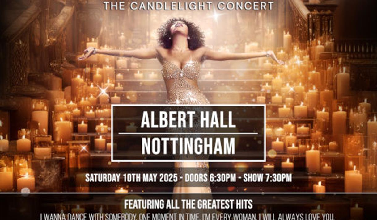 Singer who will sing Whitney Houston songs with candle carpeted staircase behind