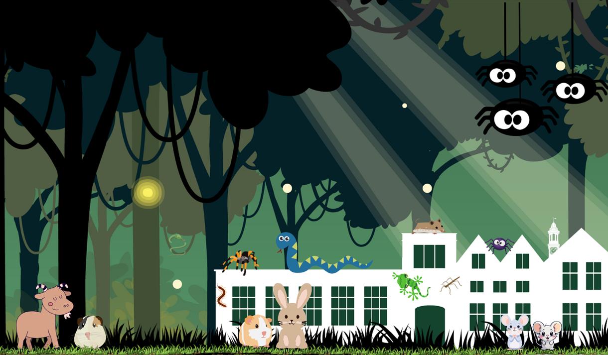 Cartoon graphic of spiders in a forest