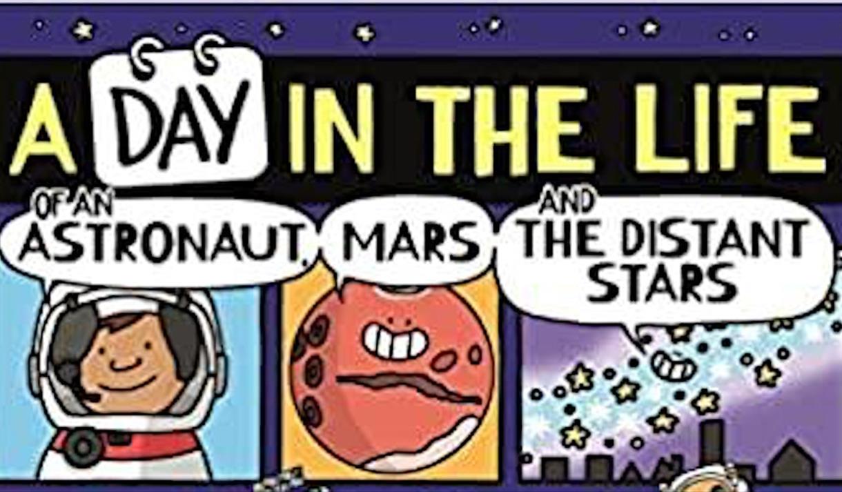 Cartoon astronaut, mars and stars on book cover
