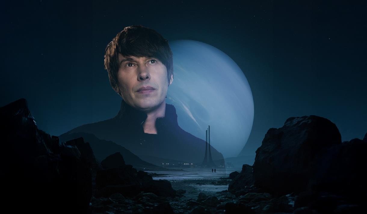 Event poster featuring Professor Brian Cox with a blue planet and dark blue sky in the background