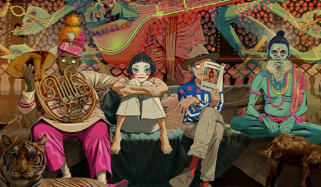 Artwork featuring the four virtual members of the band Gorillaz