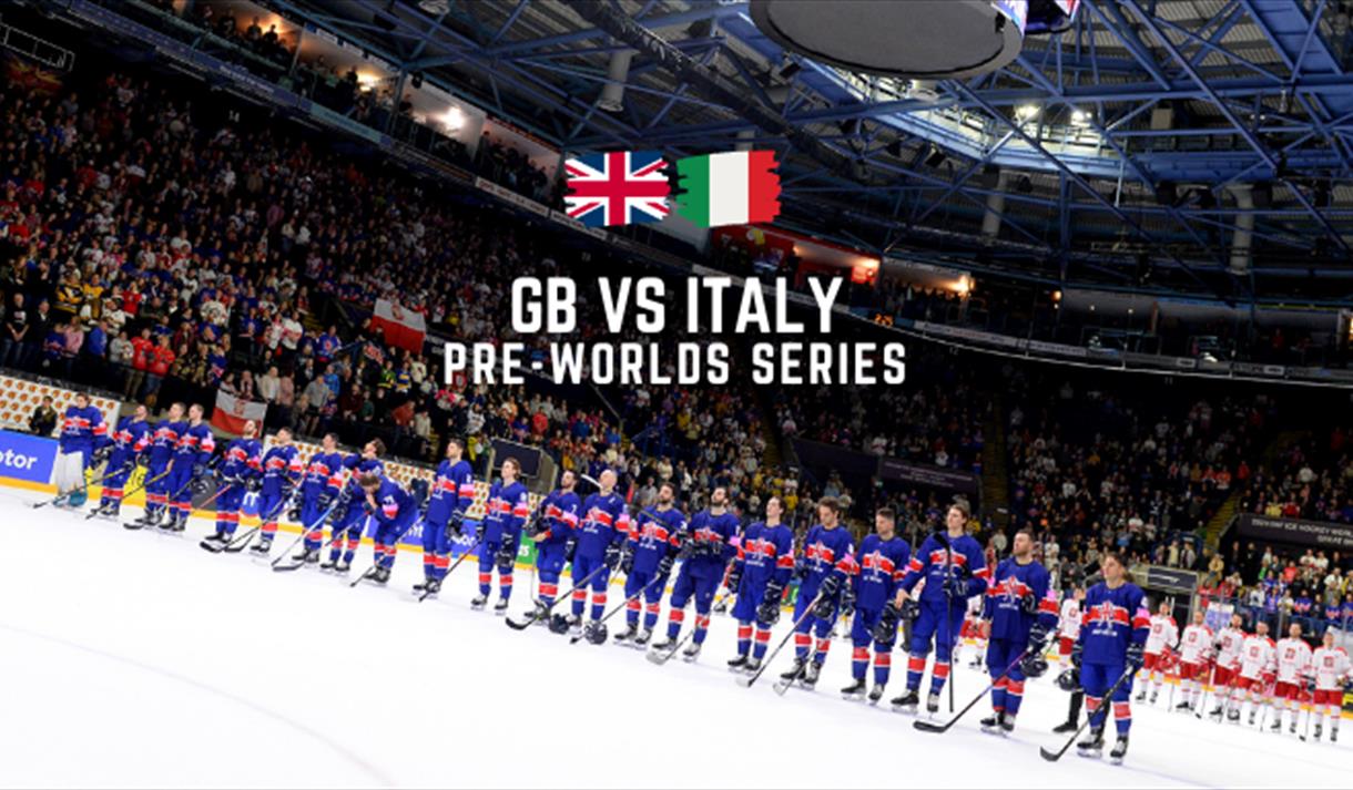 Great Britain Ice Hockey players line up on the blue line