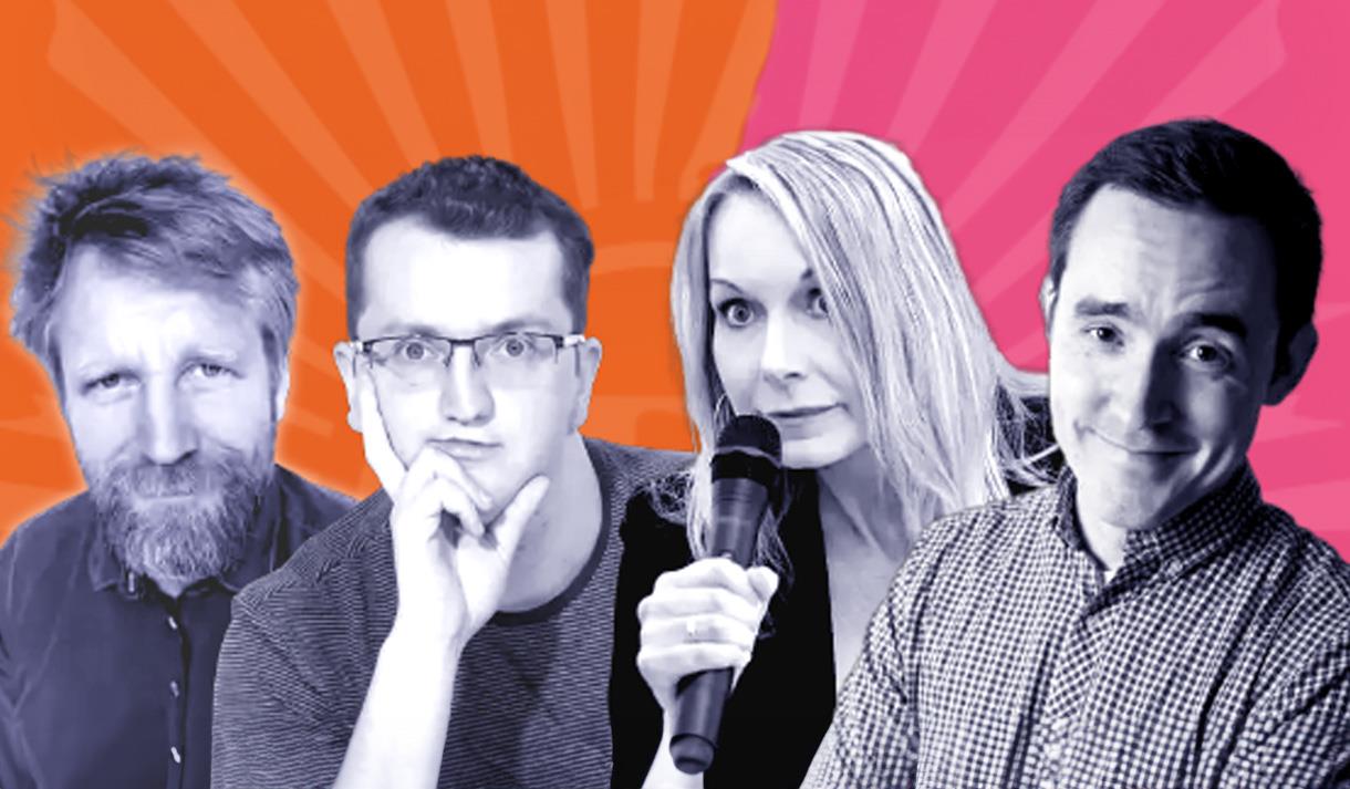 Graphic of the show including cut outs of the line-up in black and white against a colourful gradient background.