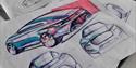 car designs on paper coloured in blue and pink