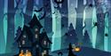 Cartoon graphic of a witch in a spooky forest approaching a haunted house